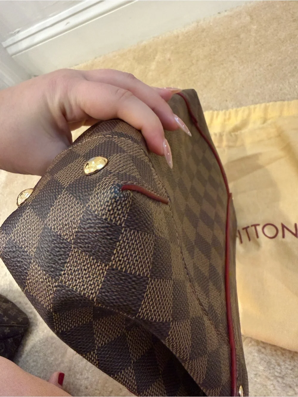 EUC! Louis Vuitton Damier Ebene Cassia Shoulder Bag with Red Trim
